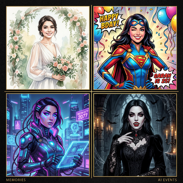 Grid of AI transformed photo booth portraits in four different event themes